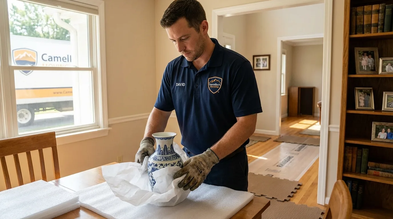 Professional crew carefully wrapping antique vase for senior downsizing move in Sierra Vista, AZ